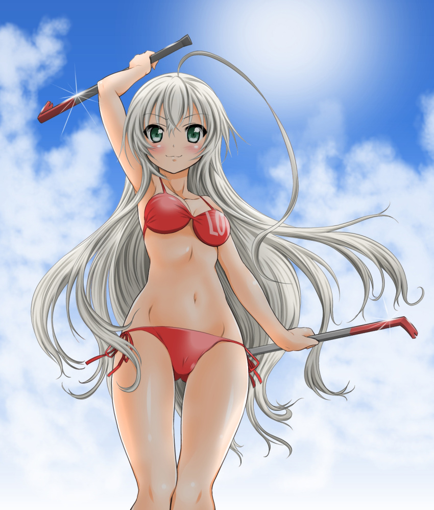 ahoge arm_up bad_id bad_pixiv_id bikini cloud crowbar day dual_wielding female from_below green_eyes grey_hair haiyore!_nyaruko-san highres holding holding_crowbar huge_ahoge long_hair navel nyarlathotep_(nyaruko-san) photoshop_(medium) red_bikini side-tie_bikini_bottom sky smile swimsuit yoshitani_motoka