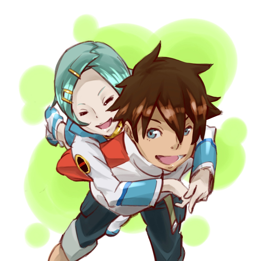 1boy aqua_hair bad_id bad_pixiv_id brown_hair carrying eureka_(eureka_seven) eureka_seven eureka_seven_(series) female hair_ornament hairclip highres hug piggyback pikushibuaidhy raglan_sleeves renton_thurston short_hair smile