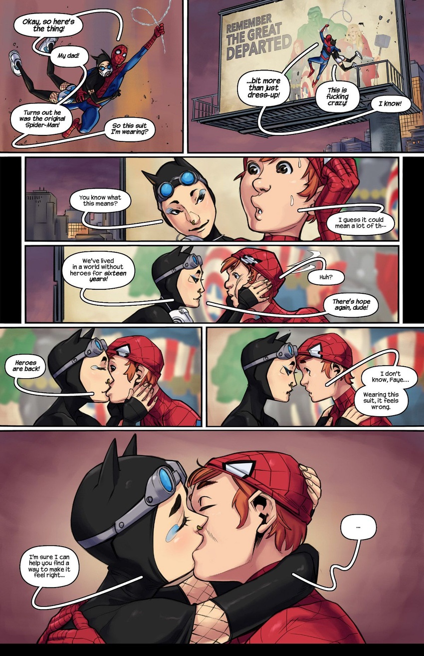 1boy 1girls asian_female bayushi ben_parker faye_ito ginger ginger_hair kissing marvel nose_piercing red_hair spider-man spider-man_(series) text text_bubble tracyscops