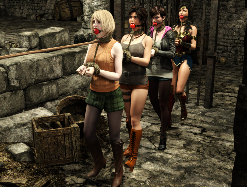 4girls ashley_graham ashley_graham_(ella_freya) ball_gag black_hair blonde_hair bound bound_wrists brown_hair clothed_bondage coffle dc_comics gag gagged lara_croft lara_croft_(survivor) miniskirt moira_burton multiple_girls resident_evil resident_evil_4 samsa23 skirt tomb_raider tomb_raider_(survivor) wonder_woman wonder_woman_(series)