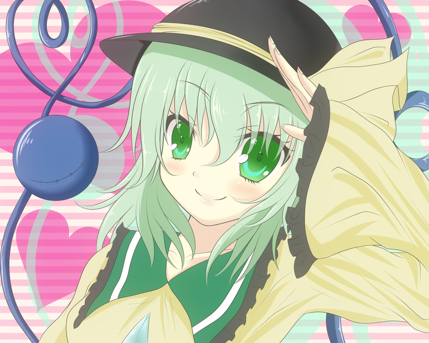 bad_id bad_pixiv_id blush eyeball female green_eyes green_hair hat highres komeiji_koishi mayuzumi_makiha smile solo striped striped_background third_eye touhou upper_body