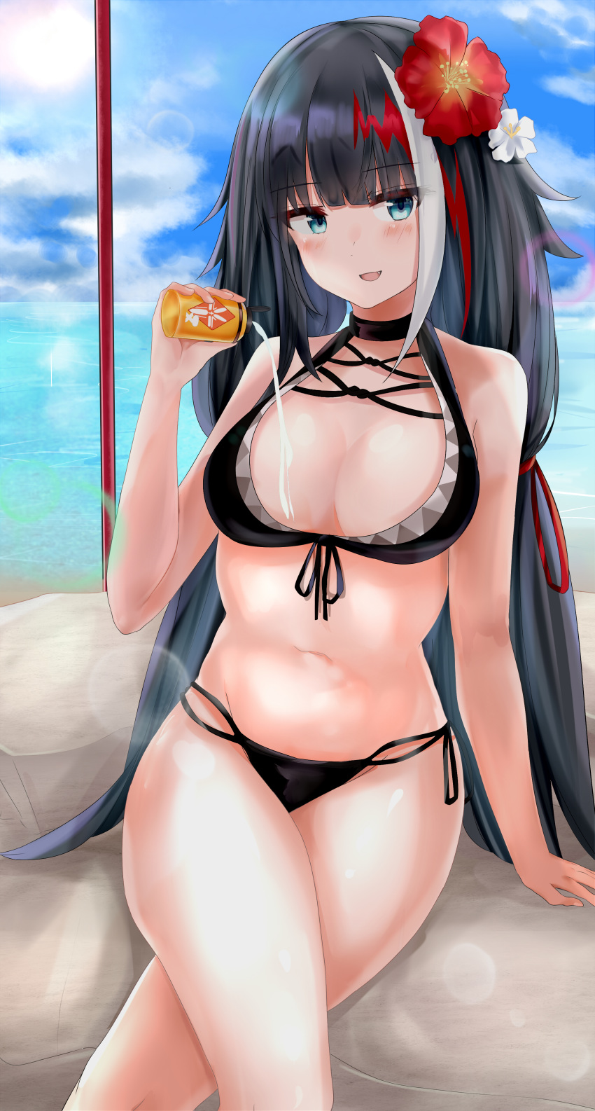 :d absurdres azur_lane bare_arms bare_shoulders bikini black_bikini black_hair blue_eyes blue_sky blunt_bangs blush breasts chinese_commentary cleavage cloud commentary_request day deutschland_(azur_lane) deutschland_(service_time?!)_(azur_lane) female fingernails flower front-tie_top groin hair_flower hair_ornament hand_up head_tilt highres holding horizon long_hair looking_at_viewer medium_breasts multicolored_hair navel ocean oerba_yun_fang official_alternate_costume open_mouth outdoors red_flower red_hair rock ru_zhai sitting sky smile solo streaked_hair swimsuit very_long_hair water white_flower white_hair