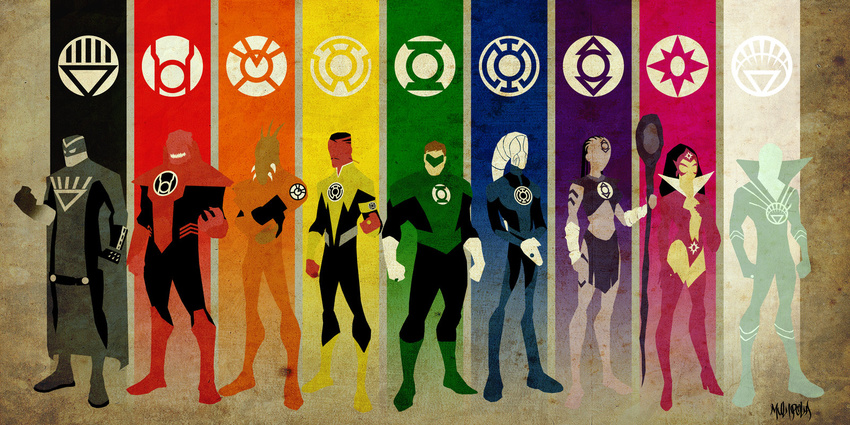 alien atrocitus black_hand_(dc_comics) black_lantern blue_lantern bro'dee_walker carol_ferris crossed_arms dc_comics deadman_(dc) deadman_(dc_comics) domino_mask green_lantern green_lantern_(series) hal_jordan highres indigo_tribe iroque larfleeze mask multiple_boys multiple_girls orange_lantern red_lantern sinestro_corps staff standing star_sapphire_(dc_comics) thaal_sinestro white_lantern william_hand