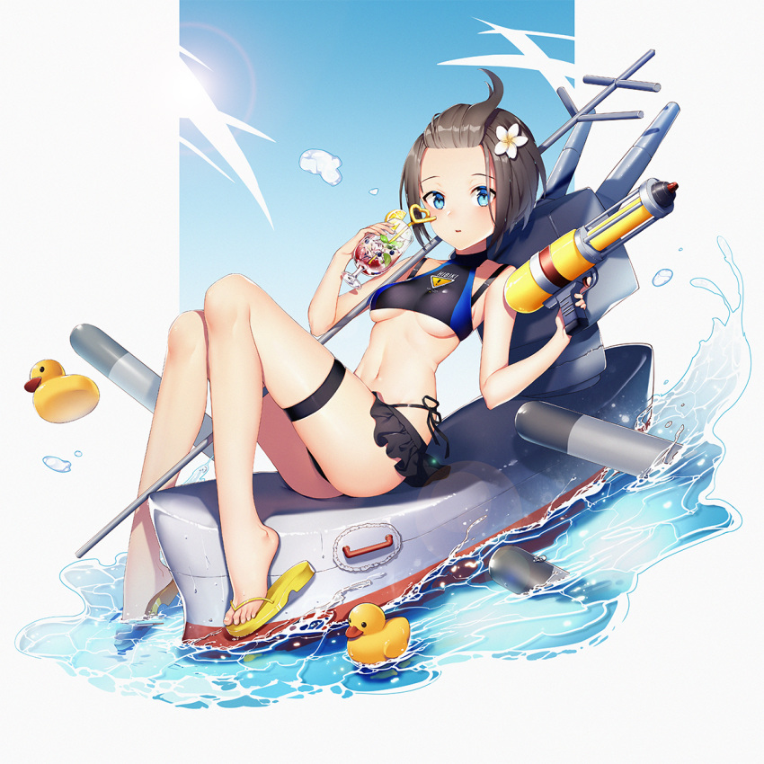 ahoge ass bikini black_bikini blue_eyes blue_sky blush breasts brown_hair commentary_request copyright_request cup day drink drinking_straw female flower hair_flower hair_ornament highres holding holding_cup iiiroha looking_at_viewer navel outdoors rubber_duck sandals ship sitting sky small_breasts soaking_feet super_soaker swimsuit thigh_strap torpedo turret underboob watercraft yellow_footwear