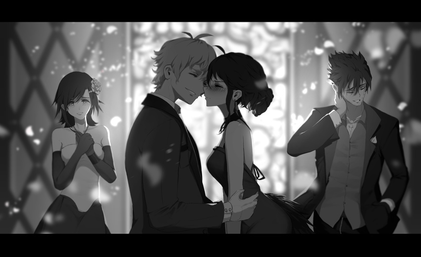 2girls blush bride brother_and_sister closed_eyes commentary dishwasher1910 english_commentary groom highres husband_and_wife imminent_kiss kissing multiple_boys multiple_girls qrow_branwen raven_branwen rwby siblings summer_rose taiyang_xiao_long tsundere wedding