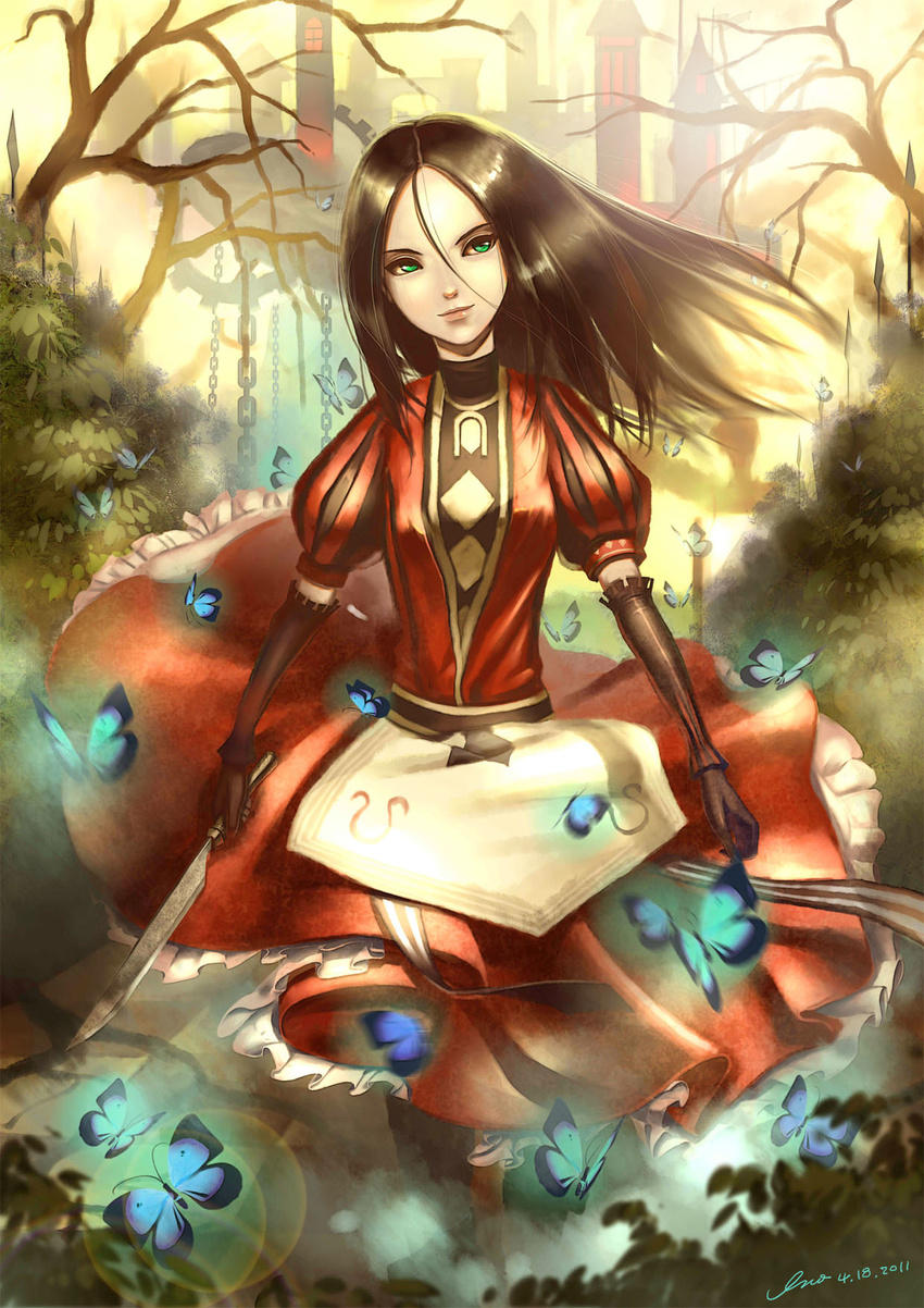 alice:_madness_returns alice_liddell_(american_mcgee's_alice) american_mcgee's_alice brown_hair bug butterfly castle commentary_request dress female green_eyes highres inoi knife long_hair photoshop_(medium) solo weapon