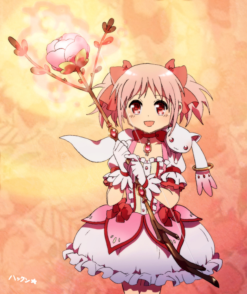 bow_(weapon) commentary_request female flower gloves highres kaname_madoka kaname_madoka_(magical_girl) kyuubee mahou_shoujo_madoka_magica mahou_shoujo_madoka_magica_(anime) nattou-toufu photoshop_(medium) red_eyes red_hair rose short_hair short_twintails tears twintails weapon