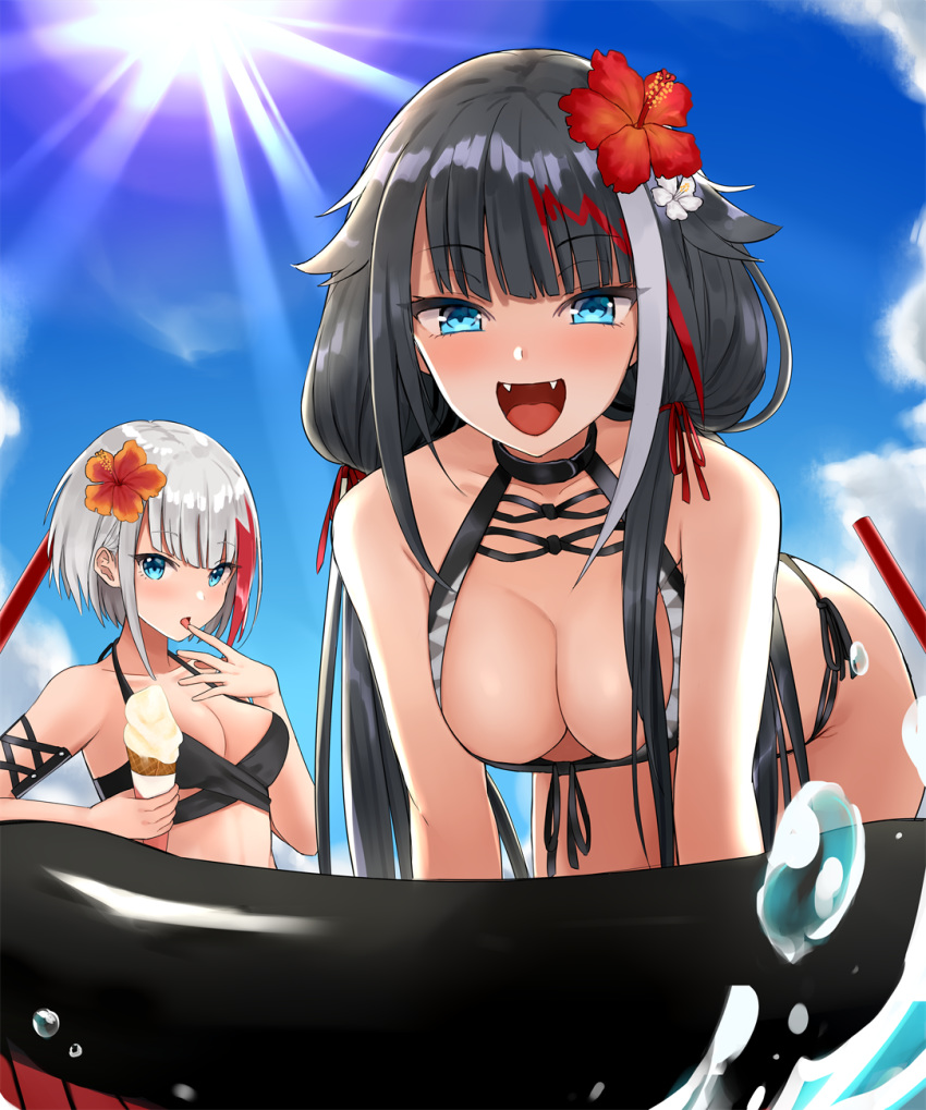 2girls admiral_graf_spee_(azur_lane) alternate_costume azur_lane bikini black_bikini black_hair blue_eyes blue_sky blush breasts cleavage cloud collarbone commentary_request day deutschland_(azur_lane) deutschland_(service_time?!)_(azur_lane) flower food grey_hair hair_flower hair_ornament halterneck highres holding holding_food ice_cream ice_cream_cone kinokorec large_breasts leaning_forward licking licking_finger long_hair looking_at_viewer medium_breasts multicolored_hair multiple_girls official_alternate_costume open_mouth outdoors red_hair short_hair side-tie_bikini_bottom sidelocks sky smile splashing streaked_hair sun sunlight swimsuit tongue tongue_out very_long_hair white_hair