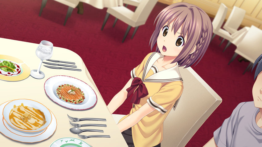 brown_eyes brown_hair chair female food game_cg highres kitami_minamo koutaro open_mouth protagonist_(tropical_vacation) short_hair smile table tropical_kiss tropical_vacation twinkle_(company) twinkle_soft