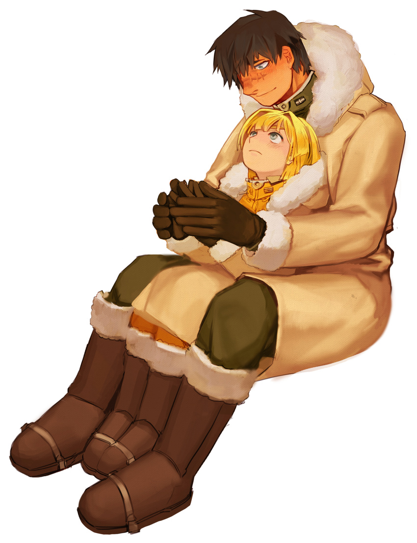 1boy alice_l._malvin bad_id bad_pixiv_id blonde_hair boots coat female ferri_yang fur_collar gloves highres military military_uniform pumpkin_scissors randal_orlando scar size_difference uniform