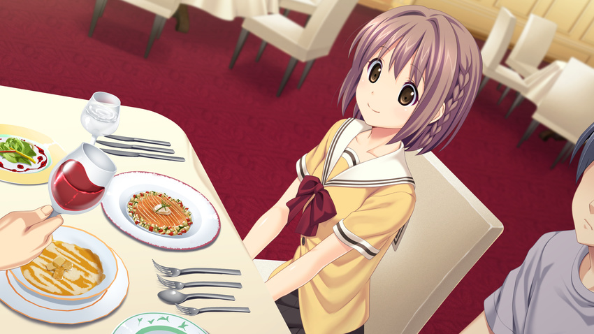 brown_eyes brown_hair chair female food game_cg highres kitami_minamo koutaro protagonist_(tropical_vacation) short_hair smile table tropical_kiss tropical_vacation twinkle_(company) twinkle_soft