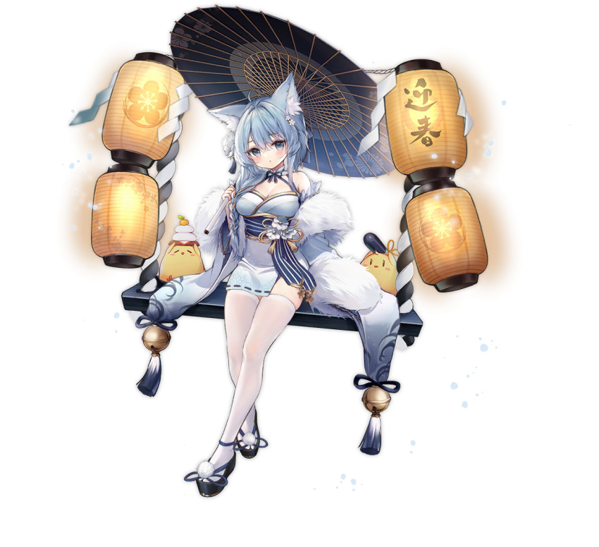 alic_miao animal_ear_fluff animal_ears asashio_(azur_lane) asashio_(snow-dusted_lynx_tips)_(azur_lane) azur_lane blue_eyes blue_footwear blue_hair blue_sash braid breasts cleavage feather_boa female flower full_body hair_between_eyes hair_flower hair_ornament holding holding_umbrella lantern long_hair manjuu_(azur_lane) medium_breasts official_alternate_costume official_art oil-paper_umbrella paper_lantern sash single_braid skindentation solo thighhighs transparent_background umbrella white_flower white_thighhighs wide_sleeves