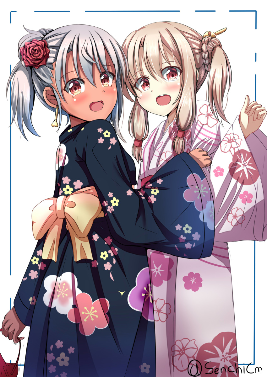 2girls :d absurdres artist_name blonde_hair blue_kimono blush breasts chloe_von_einzbern commentary_request dark-skinned_female dark_skin earrings fate/kaleid_liner_prisma_illya fate_(series) feather_hair_ornament feathers floral_print flower grey_hair hair_flower hair_ornament highres illyasviel_von_einzbern japanese_clothes jewelry kimono long_hair looking_at_viewer morning_glory_print multiple_girls obi official_alternate_costume one_side_up open_mouth orange_eyes pink_eyes pink_hair pink_kimono plum_blossom_print red_eyes sash senchimee simple_background small_breasts smile white_background yellow_eyes yukata