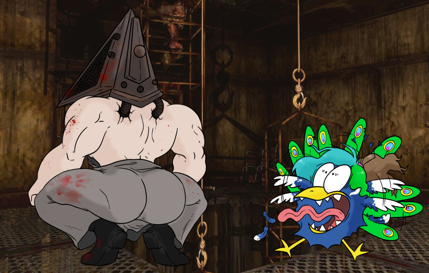 anthro arta_aere ass avian bird blue_body blue_feathers broly_culo butt_focus cartoon_network cavox courage_the_cowardly_dog courage_the_cowardly_dog_(character) crouching duo feathers galliform hair hi_res humanoid konami long_hair male meme monster peafowl phasianid pyramid_head_(silent_hill) silent_hill spread_legs spreading