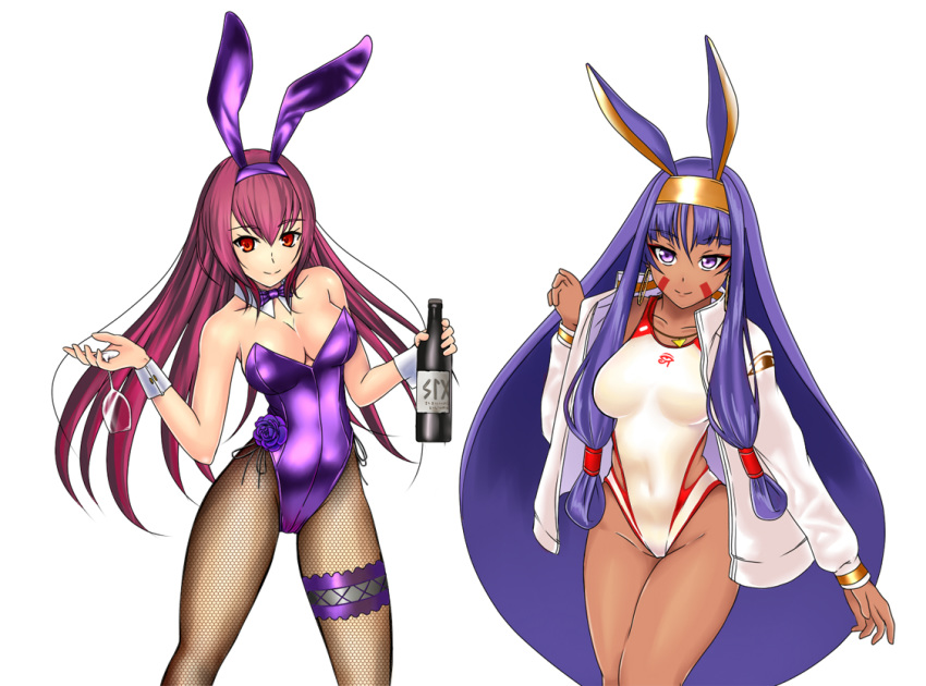 2girls aiuti animal_ears bottle bow bowtie breasts bridal_garter cleavage commentary_request competition_swimsuit cowboy_shot cup dark-skinned_female dark_skin detached_collar drinking_glass earrings facial_mark fake_animal_ears fate/grand_order fate_(series) fishnet_pantyhose fishnets holding holding_bottle hoop_earrings jackal_ears jacket jewelry leotard long_hair looking_at_viewer low-tied_long_hair medium_breasts multiple_girls nitocris_(fate) nitocris_(swimsuit_assassin)_(fate) nitocris_(swimsuit_assassin)_(second_ascension)_(fate) official_alternate_costume one-piece_swimsuit pantyhose partial_commentary playboy_bunny purple_bow purple_bowtie purple_eyes purple_hair purple_leotard rabbit_ears red_eyes scathach_(fate) scathach_(piercing_bunny)_(fate) simple_background strapless strapless_leotard swimsuit very_long_hair white_background white_jacket white_one-piece_swimsuit wine_bottle wine_glass wrist_cuffs