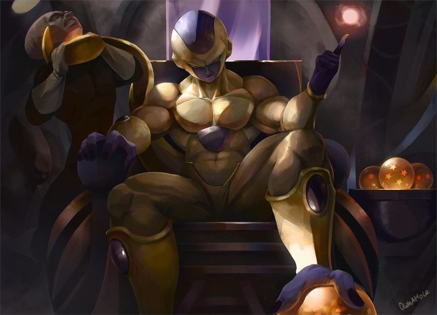 2boys asphyxiation colored_skin commentary dragon_ball dragon_ball_(object) dragon_ball_super energy_ball english_commentary frieza golden_frieza highres index_finger_raised looking_at_viewer male_focus multiple_boys muscular muscular_male ownahole purple_skin sitting smile solo_focus strangling tail throne