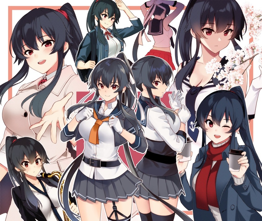 adjusting_clothes adjusting_gloves anchor_symbol belt belt_buckle black_belt black_hair black_legwear black_necktie black_sailor_collar blush breasts buckle cleavage closed_mouth collarbone cup female gloves grey_skirt hair_between_eyes holding holding_cup ichinomiya_(blantte) instrument kantai_collection long_hair multiple_views necktie one_eye_closed open_mouth orange_necktie pleated_skirt ponytail red_eyes red_skirt sailor_collar saxophone school_uniform serafuku skirt tenor_saxophone thighhighs white_gloves yahagi_(kancolle) yahagi_kai_ni_(kancolle)