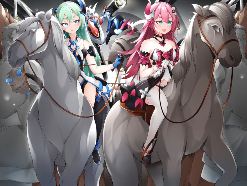 2girls :d absurdres bare_shoulders black_gloves blue_eyes blue_hair dress full_body gloves gr_greeze highres honkai_(series) honkai_impact_3rd horns horseback_riding liliya_olenyeva looking_at_viewer multiple_girls open_mouth pink_hair project_bunny riding rozaliya_olenyeva siblings single_horn sitting sleeveless sleeveless_dress smile tail thighhighs twins white_horse white_thighhighs