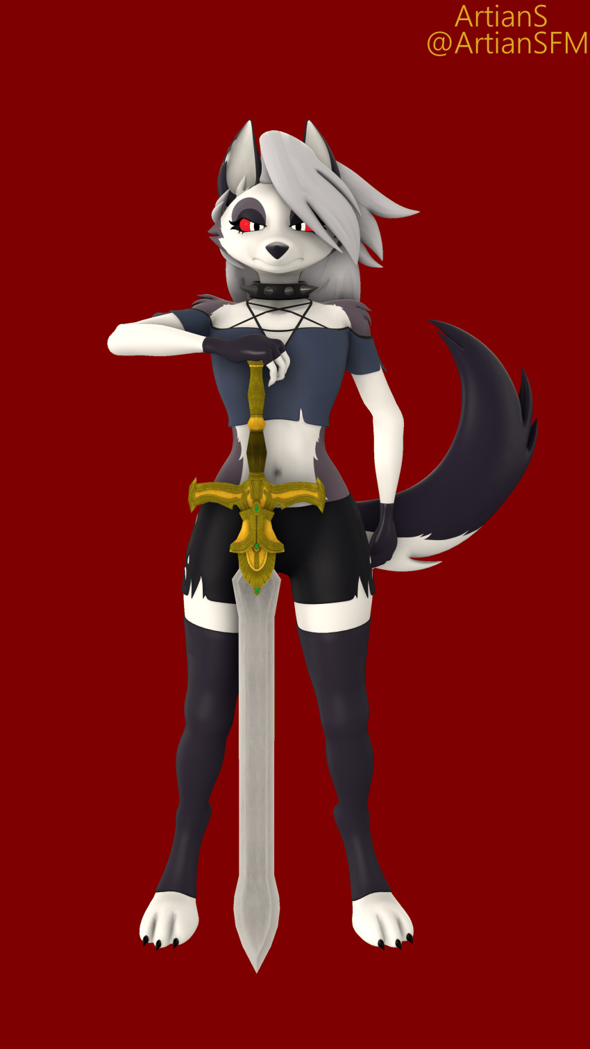 3_toes 3d_(artwork) 4k 9:16 absurd_res angry anthro artians barefoot bottomwear canid canid_demon canine choker clothed clothing collar demon digital_media_(artwork) digitigrade fangs feet female fingerless_gloves fire_emblem fire_emblem_path_of_radiance flat_chested frown fur gloves hair handwear hellhound helluva_boss hi_res inverted_pentagram jewelry legwear longsword looking_at_viewer loona_(aeridiccore) loona_(helluva_boss) mammal melee_weapon multicolored_body multicolored_fur mythological_canine mythological_creature mythology navel necklace nintendo notched_ear occult_symbol paws pentagram red_background red_sclera revamped_anthros shirt shorts simple_background solo source_filmmaker_(artwork) spiked_collar spikes standing stockings sword symbol teeth toeless_legwear toes topwear torn_clothing watermark weapon white_body white_eyes white_fur white_hair