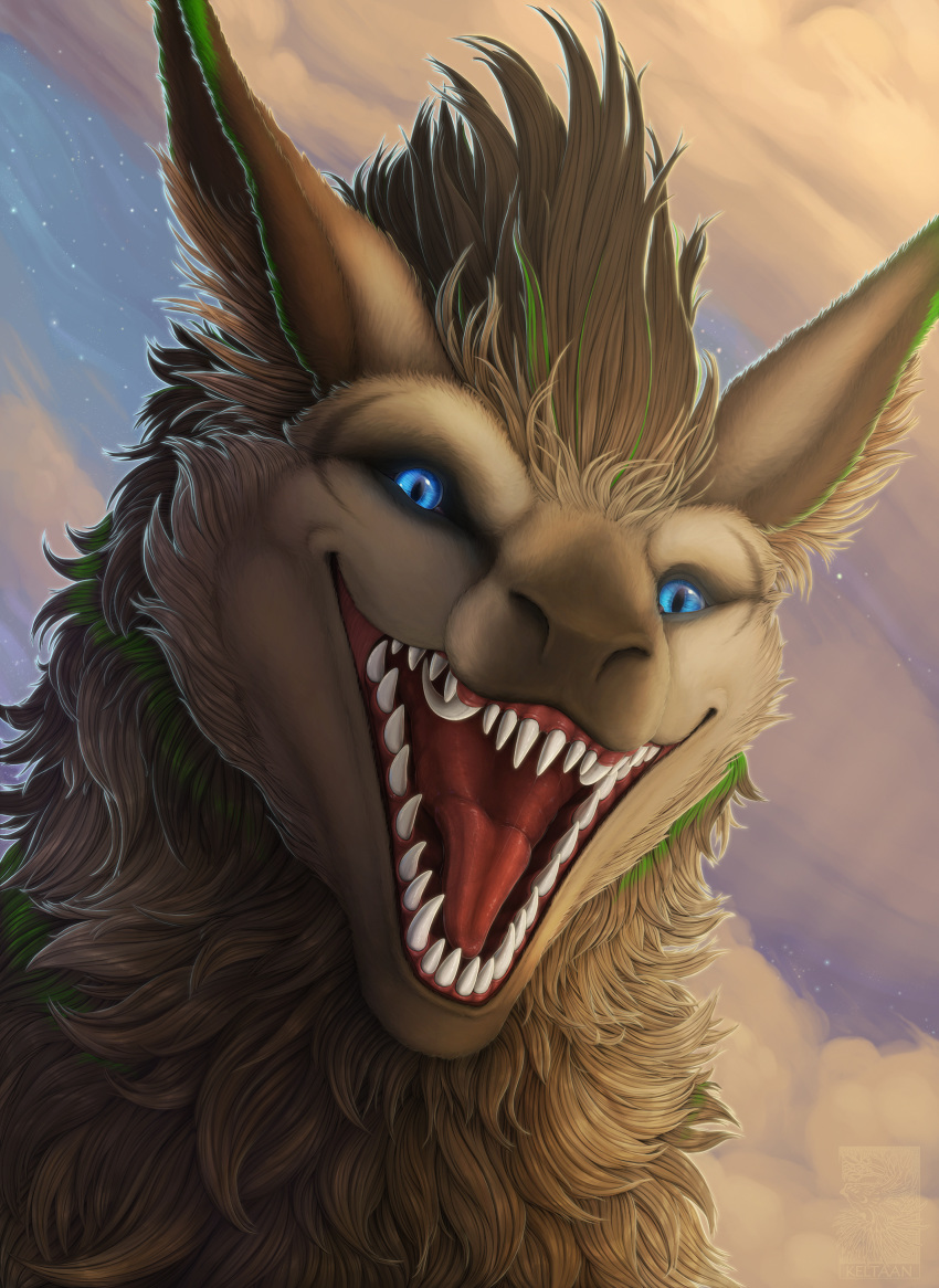 2019 blue_eyes brown_body brown_fur day detailed_background digital_media_(artwork) dragon female_(lore) fur furred_dragon furred_scalie green_body green_fur green_markings hi_res keltaan long_ears mane markings mythological_creature mythological_scalie mythology open_mouth outside reptile salvatrix scalie sky solo teeth tongue wingless_dragon