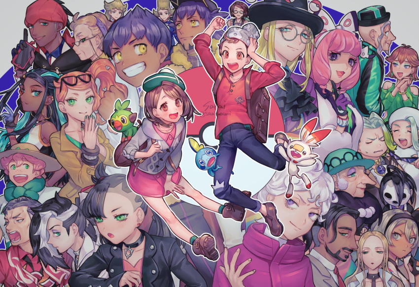 6+boys 6+girls ahoge allister_(pokemon) aqua_eyes aqua_shirt artist_name ascot asymmetrical_bangs avery_(pokemon) backpack bag baseball_cap bea_(pokemon) beanie bede_(pokemon) black_ascot black_choker black_hair black_hairband black_headwear black_hoodie black_jacket blonde_hair bob_cut boots bow_hairband brown_bag brown_coat brown_eyes brown_footwear brown_hair brown_headwear buttons cable_knit cardigan champion_uniform choker coat collared_dress collared_shirt commentary_request curly_hair dark-skinned_female dark-skinned_male dark_skin denim dress dynamax_band earrings eyeshadow eyewear_on_head facial_hair flipped_hair freckles fur_jacket fur_trim galar_mother glasses gloria_(pokemon) gordie_(pokemon) green_eyes green_headwear green_socks grey_cardigan grey_eyes grey_hair grey_headwear grookey hair_between_eyes hair_bun hair_ribbon hairband hat highres holding holding_poke_ball honey_(pokemon) hood hooded_cardigan hoodie hoop_earrings hop_(pokemon) jacket jeans jewelry kabu_(pokemon) klara_(pokemon) leon_(pokemon) long_hair magnolia_(pokemon) makeup marnie_(pokemon) mask mature_female melony_(pokemon) milo_(pokemon) mole mole_under_mouth multicolored_hair multiple_boys multiple_girls mustard_(pokemon) necktie nessa_(pokemon) old old_man old_woman oleana_(pokemon) opal_(pokemon) open_mouth orange-tinted_eyewear orange_hair pants parted_hair piers_(pokemon) pink_dress pink_eyeshadow pink_hair pink_lips plaid plaid_legwear poke_ball poke_ball_(basic) pokemon pokemon_(creature) pokemon_swsh popped_collar purple_eyes purple_eyeshadow purple_hair raihan_(pokemon) red_lips red_necktie red_ribbon red_shirt ribbed_shirt ribbon rose_(pokemon) round_eyewear sakai_(motomei) scorbunny shielbert_(pokemon) shirt shoes short_hair short_sleeves siblings side_ponytail sleeves_rolled_up smile sobble socks sonia_(pokemon) sordward_(pokemon) starter_pokemon_trio suitcase sun_hat sunglasses swept_bangs tam_o'_shanter teeth tinted_eyewear top_hat torn_clothes torn_jeans torn_pants towel towel_around_neck two-tone_hair v-neck victor_(pokemon) white_coat white_hair white_headwear white_jacket white_shirt