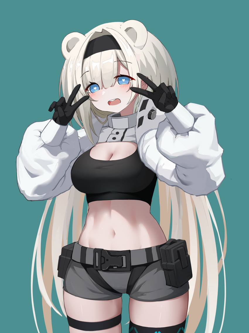 animal_ears aqua_background arknights aurora_(arknights) aurora_(elite_ii)_(arknights) bad_id bad_pixiv_id bear_ears black_gloves black_hairband black_shirt blue_eyes breasts cleavage commentary_request cowboy_shot crop_top double_v female gloves grey_hair grey_shorts hairband hands_up heart heart-shaped_pupils highres huizhiyin infection_monitor_(arknights) large_breasts long_hair long_sleeves looking_at_viewer midriff navel open_mouth pouch shirt short_shorts shorts shrug_(clothing) simple_background solo standing stomach symbol-shaped_pupils thigh_strap thighs v very_long_hair white_hair