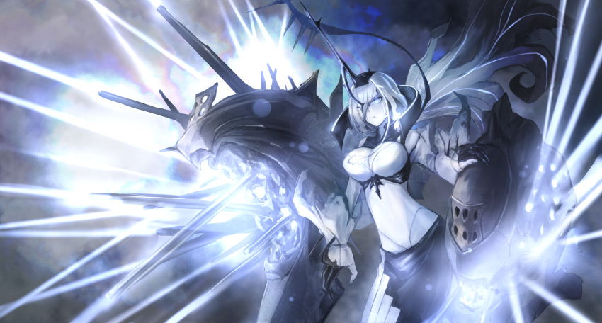 abyssal_ship air_defense_cruiser_princess bad_id bad_pixiv_id blue_eyes breasts cleavage colored_skin energy_beam female firing gloves glowing glowing_eye hair_over_one_eye highres kantai_collection large_breasts long_hair looking_afar machinery parted_lips solo spikes turret weasel_(close-to-the-edge) white_hair white_skin