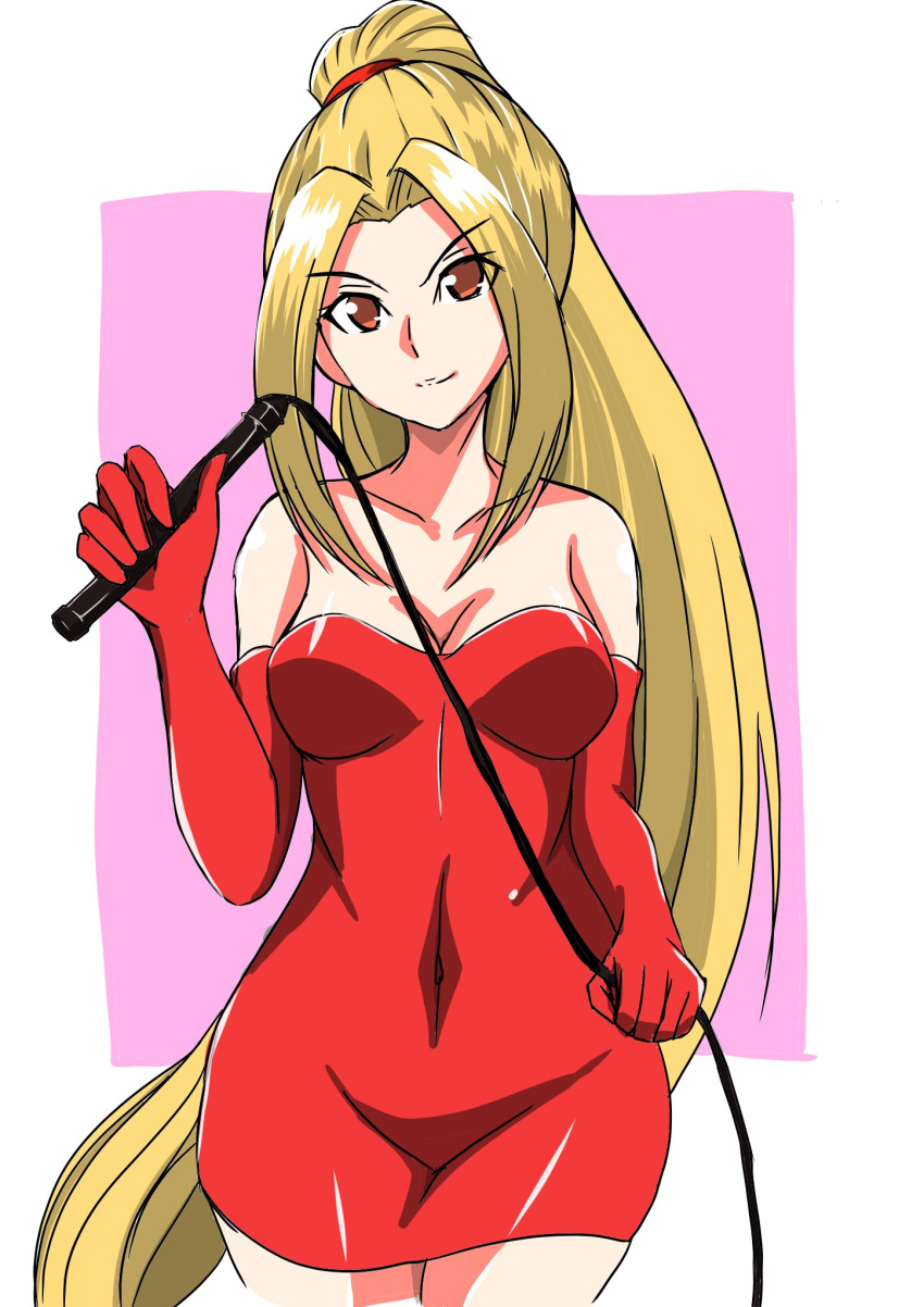 artist_request bare_shoulders blonde_hair breasts cleavage closed_mouth collarbone commentary_request dress elbow_gloves female gloves highres holding large_breasts long_hair looking_at_viewer ponytail red_dress red_gloves short_dress shynesslady smile solo star_ocean star_ocean_the_second_story strapless vakyurasan very_long_hair