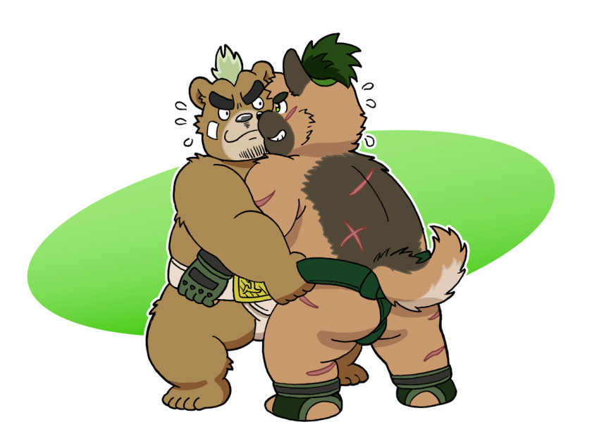 anthro ashigara_(tas) asian_clothing ass bear brown_body brown_fur canid canine canis chibi clothing domestic_dog duo east_asian_clothing eyebrows flappy fur gloves handwear japanese_clothing lifewonders male mammal mawashi scar sumo sumo_wrestling thick_eyebrows tokyo_afterschool_summoners topknot yasuyori_(tas)