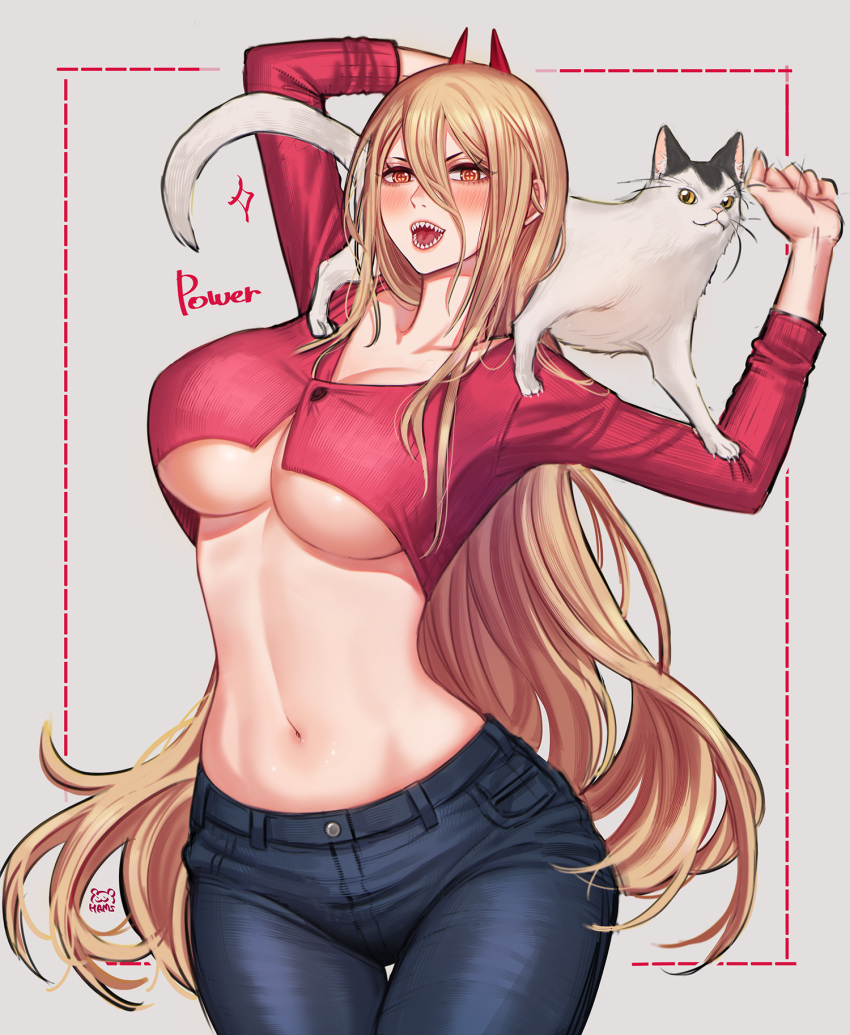 alternate_breast_size alternate_costume animal_on_shoulder arms_up artist_logo blonde_hair blue_pants blush breasts casual chainsaw_man cowboy_shot crop_top cropped_sweater denim english_text feline female grey_background hair_between_eyes highres horns jeans large_breasts long_hair long_sleeves looking_at_viewer meowy_(chainsaw_man) midriff navel open_mouth orange_eyes pants power_(chainsaw_man) raoul_(raoul77) red_horns red_sweater sharp_teeth stomach sweater teeth underboob very_long_hair