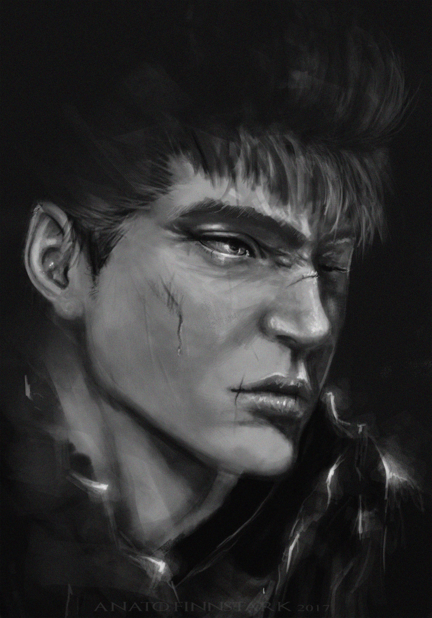 1boy absurdres anatofinnstark artist_name berserk closed_mouth dated greyscale guts_(berserk) highres looking_afar male_focus monochrome one_eye_closed portrait scar scar_on_cheek scar_on_face scar_on_nose short_hair solo