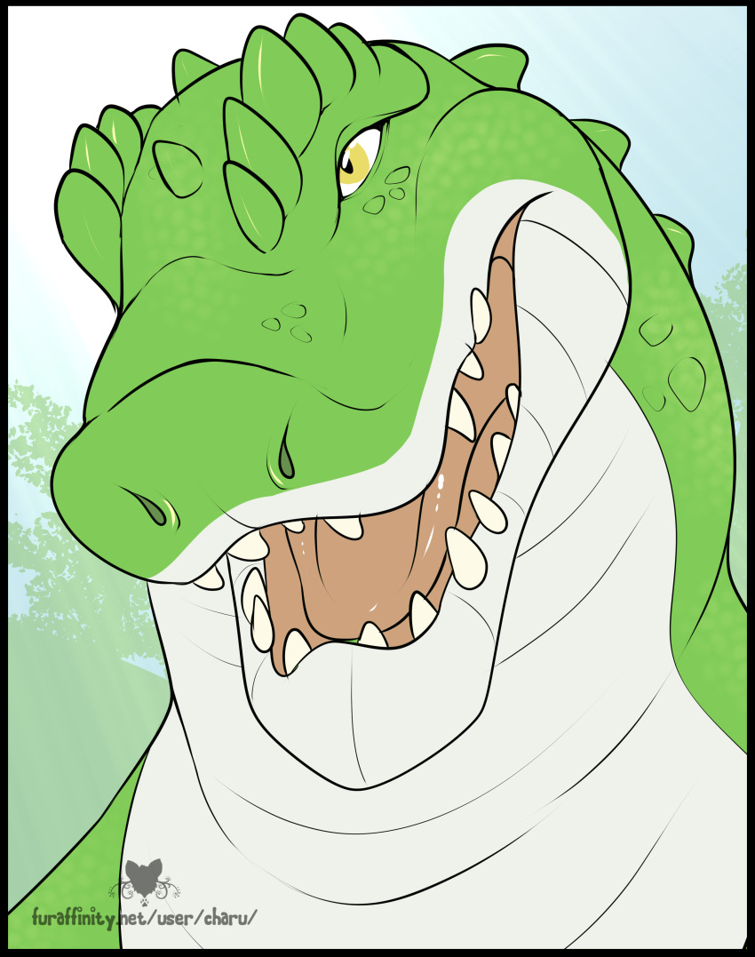 absurd_res alligator alligatorid anthro black_border border charu cregon crocodile crocodilian crocodylid green_body headshot_portrait hi_res male portrait reptile scales scalie solo teeth teeth_showing tongue white_body yellow_eyes