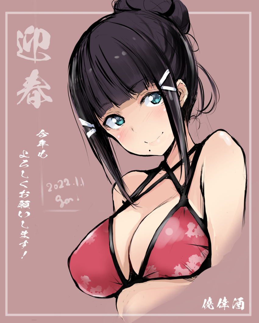 bare_shoulders bikini black_hair blue_eyes blunt_bangs blush breasts brown_background cleavage closed_mouth commentary_request cropped_torso dated female gengoroh hair_bun hair_ornament hairclip highres kurosawa_dia large_breasts long_hair looking_at_viewer love_live! love_live!_sunshine!! mole mole_under_mouth multi-strapped_bikini_top red_bikini sidelocks simple_background single_hair_bun smile solo swimsuit upper_body