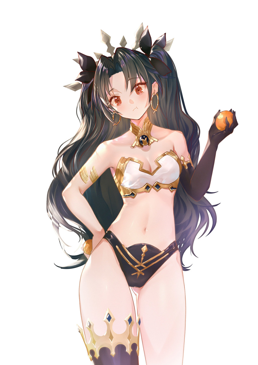 asymmetrical_legwear asymmetrical_sleeves bare_shoulders black_hair blush breasts chinese_commentary commentary_request crown detached_collar earrings elbow_gloves fate/grand_order fate_(series) female gloves hair_ribbon highres holding hoop_earrings ishtar_(fate) jewelry long_hair looking_at_viewer medium_breasts navel orry parted_bangs photoshop_(medium) red_eyes ribbon simple_background single_elbow_glove single_thighhigh solo thighhighs two_side_up uneven_legwear uneven_sleeves white_background