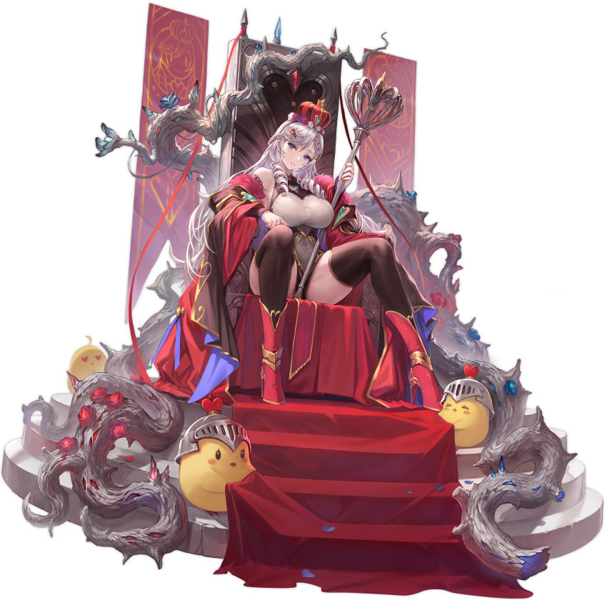 algerie_(azur_lane) algerie_(red_queen's_decree)_(azur_lane) azur_lane black_leotard boots breasts cape covered_navel crown drill_hair drill_sidelocks female framed_breasts grey_hair helmet high_heels highres large_breasts leotard long_hair looking_at_viewer manjuu_(azur_lane) mole mole_under_eye official_alternate_costume official_art purple_eyes red_footwear scepter sidelocks sitting smile spread_legs thighhighs throne transparent_background yoshiku_(oden-usagi)