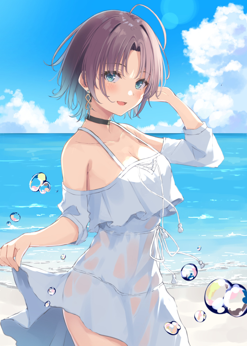 :d ahoge asakura_toru bare_shoulders beach black_choker blue_eyes breasts brown_hair choker cleavage clothes_lift cloud collarbone commentary_request day dress dress_lift earrings female from_side hand_up hatsu_(first_snow) highres idolmaster idolmaster_shiny_colors jewelry lifting_own_clothes looking_at_viewer looking_to_the_side medium_breasts open_mouth outdoors short_hair smile solo standing water white_dress