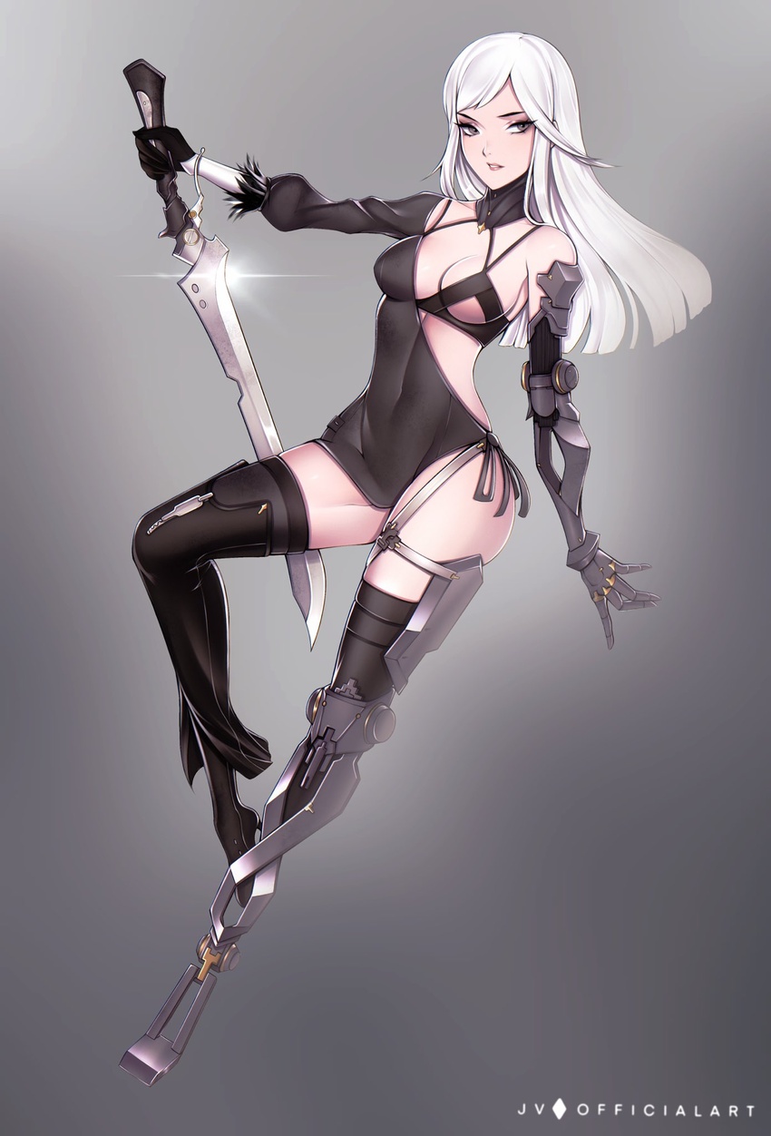 android artist_name black_leotard black_thighhighs breasts cleavage female frenlyse full_body grey_background grey_eyes highres holding holding_sword holding_weapon jv katana leotard long_hair looking_at_viewer nier_(series) nier_reincarnation open_mouth procreate_(medium) single_thighhigh solo sword thighhighs weapon white_hair