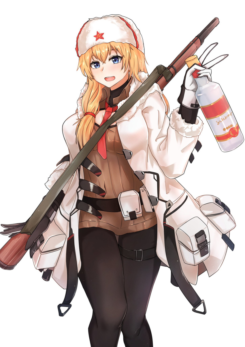 :d alcohol alternate_costume blonde_hair blue_eyes bolt_action bottle commentary_request dress feet_out_of_frame female fur_hat girls'_frontline gloves gun hat highres holding holding_bottle long_hair mosin-nagant mosin-nagant_(girls'_frontline) mosin-nagant_(mod3)_(girls'_frontline) muteppona_hito open_mouth pantyhose parted_lips red_star rifle side_ponytail smile sniper_rifle star_(symbol) stolichnaya_(vodka) thigh_strap thighhighs ushanka v vodka weapon weapon_on_back white_background white_dress white_headwear