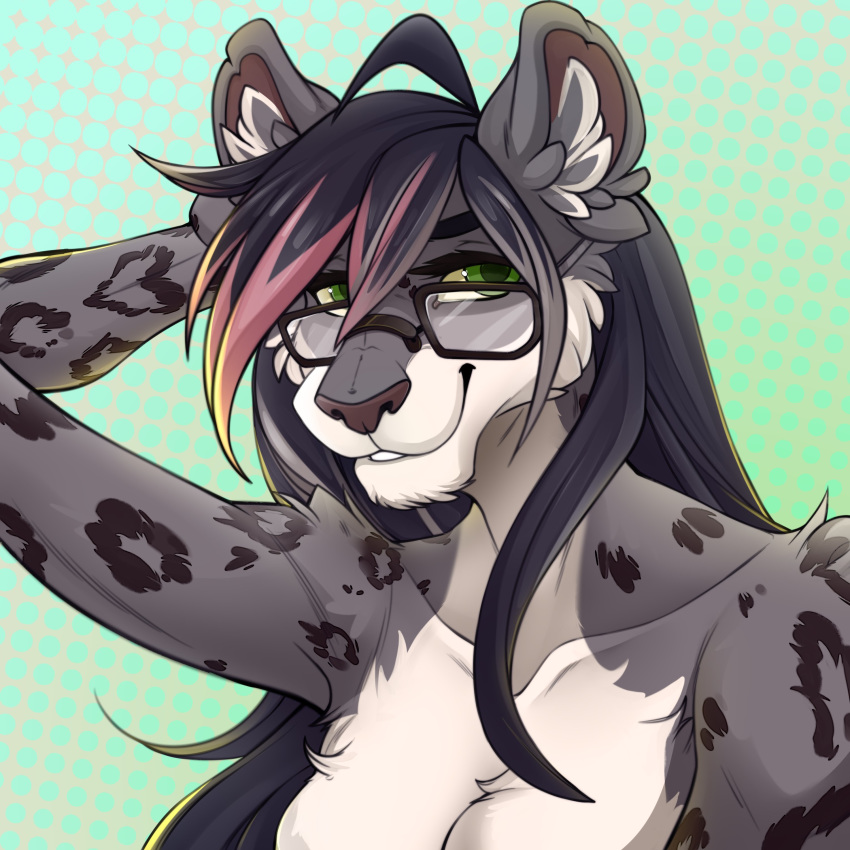 1:1 absurd_res anthro black_hair breasts digital_media_(artwork) eyebrows eyelashes eyewear felid female fur glasses green_eyes grey_body grey_fur hair hi_res leopard looking_at_viewer mammal markings pantherine redcreator shaded smile solo spots spotted_body spotted_fur