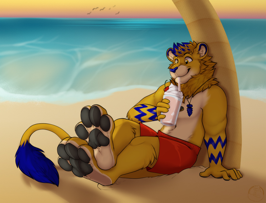 2019 4_toes 5_fingers anthro beach black_pawpads carifoxleopard day detailed_background digital_media_(artwork) feet felid fingers lion male mammal outside pantherine pawpads sand seaside shoreline solo toes water