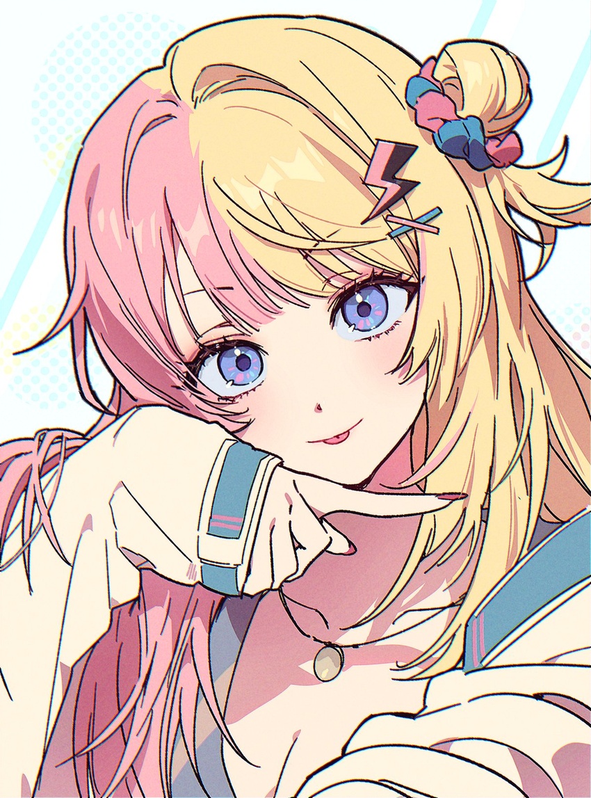 :p blonde_hair blue_background blue_eyes blush breasts cleavage closed_mouth collarbone commentary english_commentary eyelashes female fingernails hair_bun hair_intakes hair_ornament hair_scrunchie hand_up head_tilt highres jacket jewelry kotoka_torahime lightning_bolt_hair_ornament lightning_bolt_symbol long_fingernails long_hair long_sleeves looking_at_viewer medium_breasts multicolored_hair nail_polish necklace nijisanji nijisanji_en off_shoulder one_side_up open_clothes open_jacket pink_hair red_nails scrunchie sidelocks simple_background single_hair_bun single_side_bun sleeves_past_wrists solo split-color_hair tongue tongue_out two-tone_background two-tone_hair upper_body virtual_youtuber white_background white_jacket x_hair_ornament zzangto