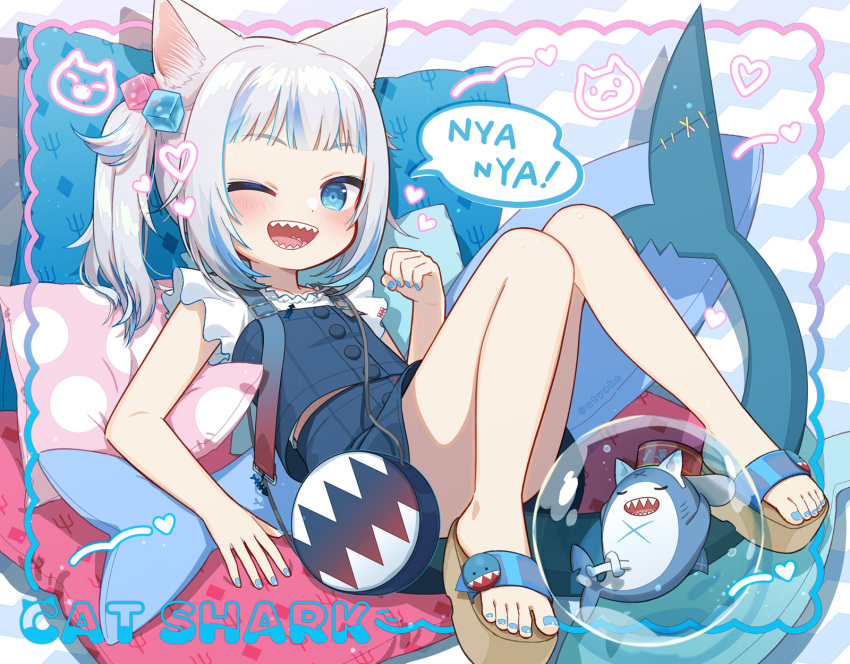 ;d animal_ears bloop_(gawr_gura) blue_dress blue_eyes blue_hair blue_nails blunt_bangs cat_ears commentary dress feet female fingernails fins fish_tail full_body gawr_gura gawr_gura_(casual) grey_hair highres hololive hololive_english legs looking_at_viewer midriff_peek multicolored_hair nail_polish official_alternate_costume one_eye_closed open_mouth pillow sandals shark_girl shark_tail sharp_teeth short_hair side_ponytail smile tail teeth toenail_polish toenails toes two-tone_hair uchako virtual_youtuber