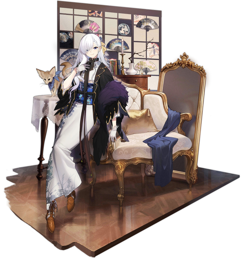 animal azur_lane belfast_(azur_lane) belfast_(folded_fascination)_(azur_lane) blue_sash feather_boa female fennec_fox floral_print folding_fan full_body gebijiade_89 gloves hair_over_one_eye hand_fan highres japanese_clothes kimono long_hair looking_at_viewer mirror official_alternate_costume official_art purple_eyes sash solo transparent_background white_gloves white_kimono