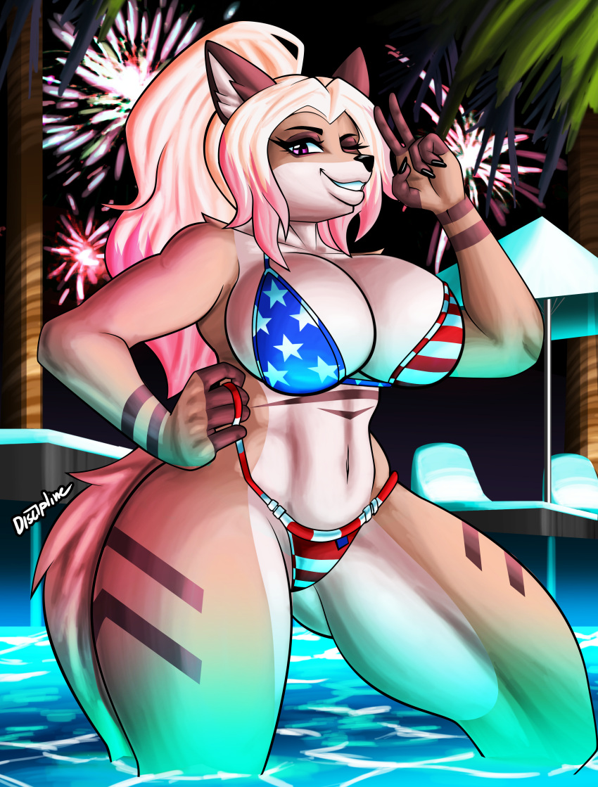 absurd_res american_flag_bikini anthro artofthediscipline big_breasts bikini breasts canid canine clothing female fireworks flag_bikini fox gesture hand_gesture hi_res kithara lips mammal one_eye_closed partially_submerged poolside smile solo swimwear thick_bottom_lip v_sign wink