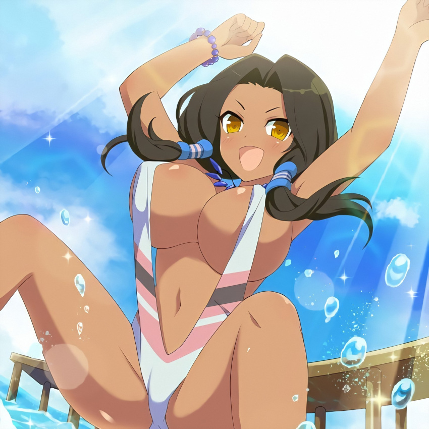 black_hair blue_sky blush breasts brown_eyes cloud dark-skinned_female dark_skin day dock female highres large_breasts long_hair looking_at_viewer low_twintails matsuri_(senran_kagura) native_american navel ocean official_art open_mouth outdoors pier senran_kagura senran_kagura_new_wave shiny_skin sky slingshot_swimsuit smile solo sparkle splashing swimsuit third-party_source twintails water yaegashi_nan