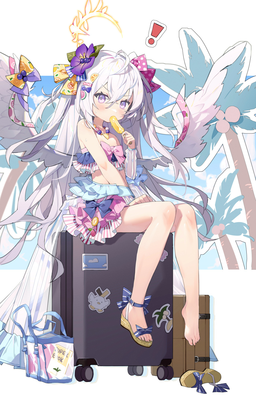 ! absurdres azusa_(blue_archive) azusa_(swimsuit)_(blue_archive) bag bare_legs bare_shoulders barefoot bead_necklace beads bikini blue_archive blush bow bow_on_wing coconut_tree detached_sleeves eating feet female flower food food-themed_hair_ornament food_in_mouth frilled_skirt frills full_body hair_between_eyes hair_flower hair_ornament hair_ribbon hairbow halo highres holding holding_food jewelry legs long_hair long_sleeves looking_at_viewer luggage measho necklace orange_hair_ornament orange_print palm_tree pink_bow polka_dot polka_dot_ribbon popsicle print_ribbon purple_bow purple_eyes purple_flower ribbon rolling_suitcase sandals single_detached_sleeve single_sandal sitting skirt solo striped_bikini striped_clothes suitcase swimsuit toenails toes tree two_side_up unworn_sandals vertical-striped_bikini vertical-striped_clothes very_long_hair watermelon_hair_ornament wedge_heels white_hair white_wings wing_ribbon wings