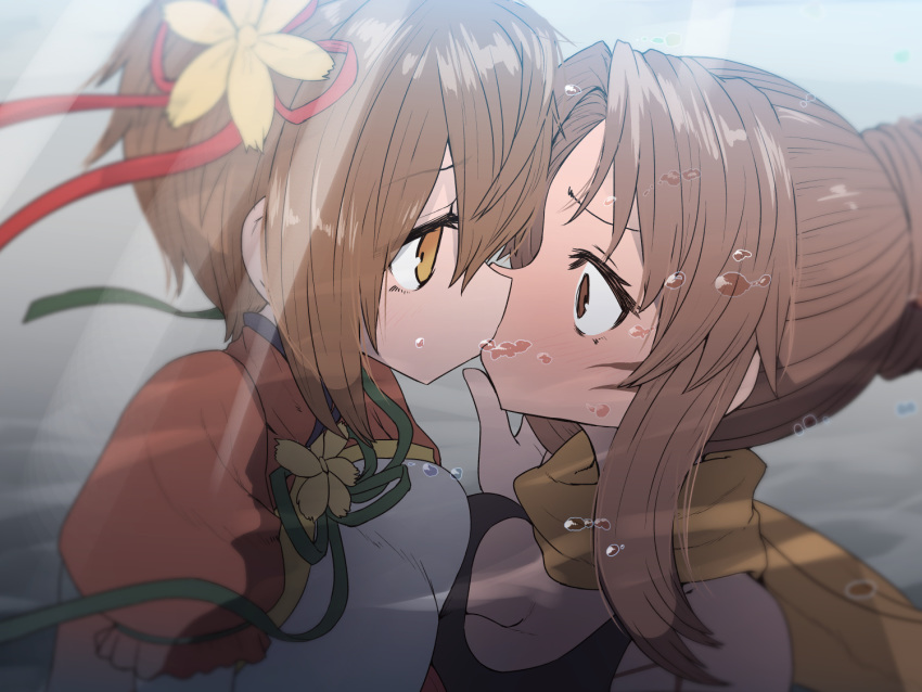 2girls air_bubble blush breast_press breasts brown_eyes brown_hair bubble cleavage commentary copyright_request eligos_(megido72) eye_contact flower green_ribbons hair_between_eyes hair_bun hair_flower hair_ornament kissing large_breasts looking_at_another megido72 multiple_girls neck_ribbon puffy_short_sleeves puffy_sleeves ribbon scarf short_sleeves single_hair_bun stolas_(megido72) sumiyao_(amam) surprise_kiss surprised symbol-only_commentary symmetrical_docking tank_top underwater wide-eyed yellow_scarf yuri