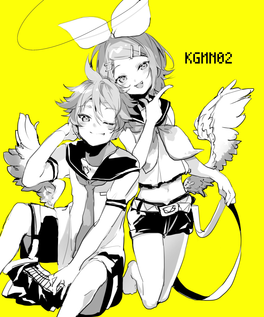 1boy absurdres bare_shoulders bass_clef belt black_sailor_collar black_shorts bow commentary crop_top feathered_wings female finger_gun greyscale_with_colored_background hair_ornament hairbow hairclip half-closed_eyes headphones highres holding holding_belt kagamine_len kagamine_rin kneeling looking_at_viewer low_wings midriff monochrome navel neckerchief necktie one_eye_closed open_mouth oyamada_gamata sailor_collar school_uniform shirt short_hair short_shorts short_sleeves shorts single_wing sitting sleeveless sleeveless_shirt smile spiked_hair swept_bangs symbol-only_commentary unworn_sleeves vocaloid white_bow white_shirt wings yellow_background