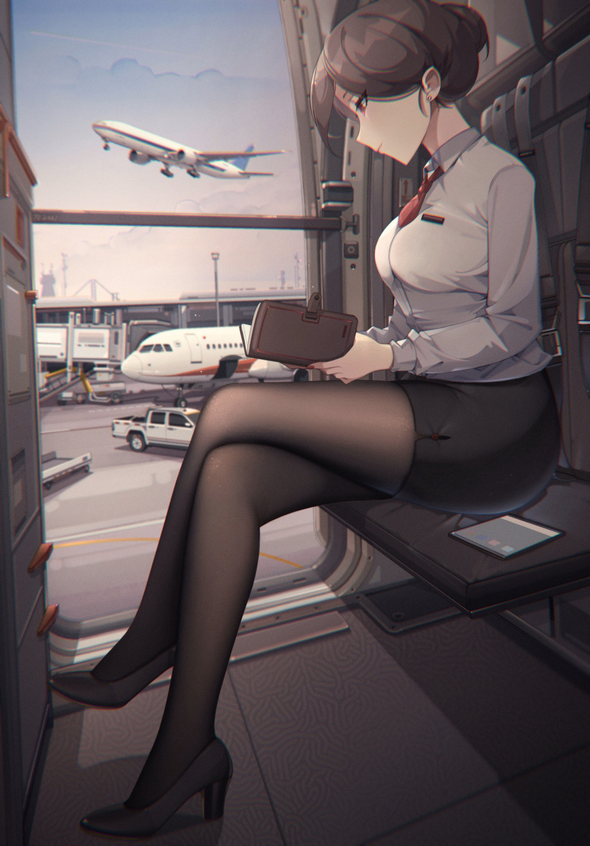 absurdres airbus_a320 aircraft airplane airport black_footwear black_pantyhose black_skirt boeing_777 brown_hair chromatic_aberration closed_mouth collared_shirt crossed_legs ear_piercing female flight_attendant high_heels highres holding holding_tablet_pc motor_vehicle necktie notebook original pantyhose pencil_skirt pickup_truck piercing red_eyes red_necktie senjouhara_nira shirt short_hair sitting skirt sky solo tablet_pc taking_off travel_attendant truck white_shirt