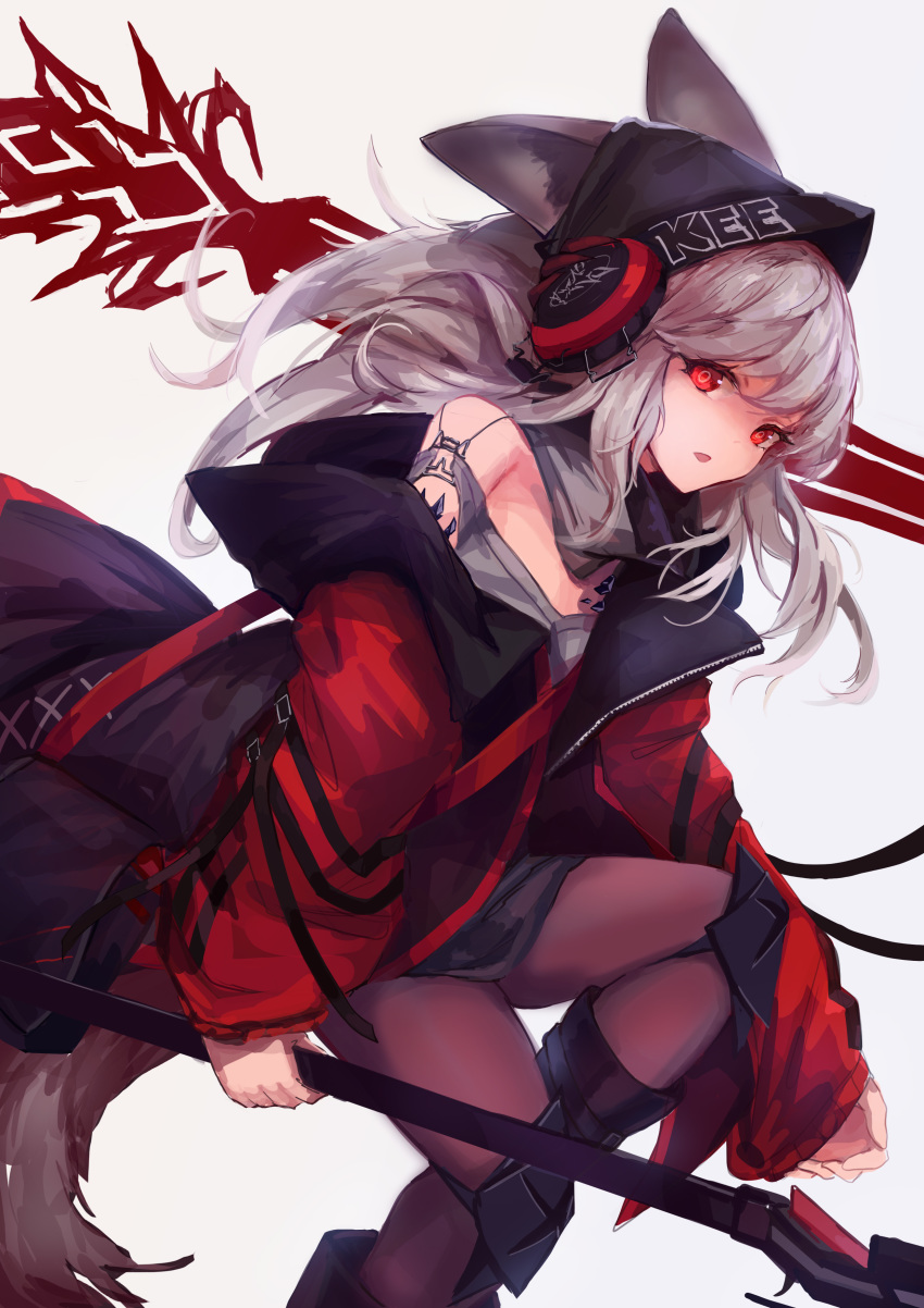 absurdres animal_ears arknights bare_shoulders beanie black_hat black_pantyhose commentary feet_out_of_frame female fox_ears fox_tail frostleaf_(arknights) grey_hair grey_shirt hat headphones highres holding holding_weapon implied_extra_ears jacket knee_pads long_hair material_growth off_shoulder open_clothes open_jacket open_mouth oripathy_lesion_(arknights) pantyhose photoshop_(medium) red_eyes red_jacket shirt solo tail trrcmb weapon